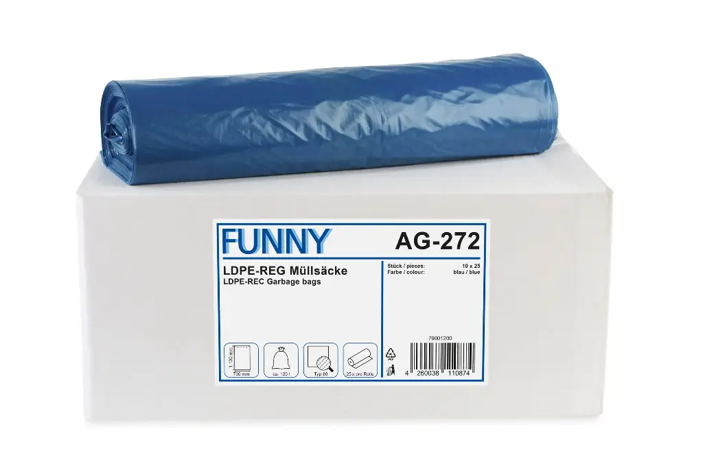 Funny 120 Liter LDPE-Regenerat Müllsacke Blau Typ 80 700x1100 mm 250 Stück/Karton