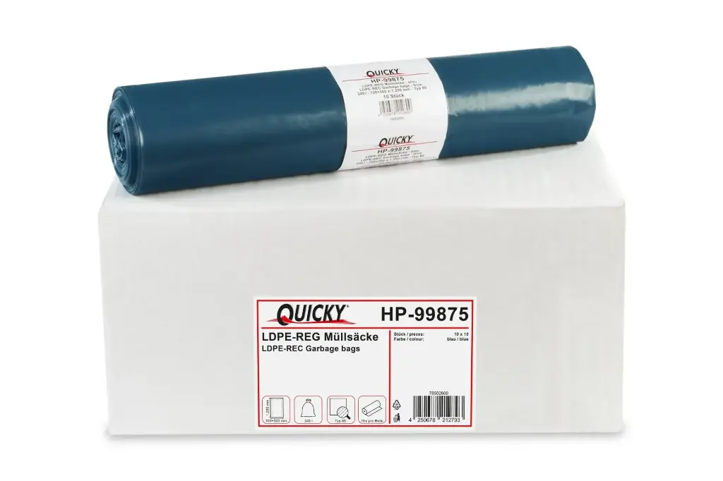 Quicky 240 Liter LDPE-Regenerat Müllsäcke Blau Typ 80  700+300x1250 mm 10 Rollen á 10 Stück/Pack