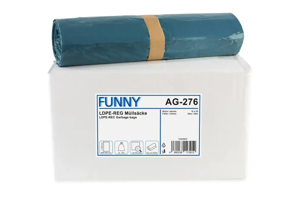 Funny 160  Liter LDPE-Regenerat Müllsäcke Blau Typ 60 Extra 600+300x1100 mm 250 Stück/Karton