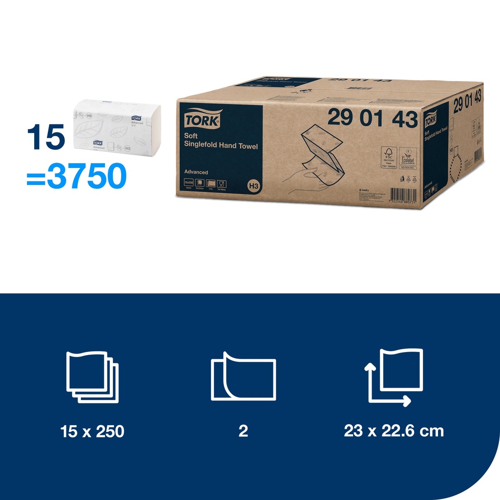 Tork weiche Zickzack-Handtücher Weiß H3 23x22,6cm 15x20=3750 Stück