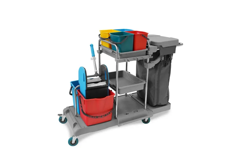 Reinigungswagen mit 4 x 5 l und 2 x 18 l Eimer, Mopp-Presse, Mopphalterung + Ablage, Utensilbehälter, 100l Leinentasche