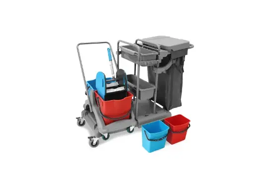 [ST-2005] Reinigungswagen 2x5l mit Doppelfahrwagen 2x18l Eimer, Mopp-Presse, Mopp-Halterung, Utensilbehälter und 100l Leinentasche