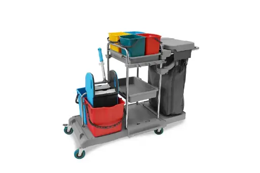 [ST2007] Reinigungswagen mit 4 x 5 l und 2 x 18 l Eimer, Mopp-Presse, Mopphalterung + Ablage, Utensilbehälter, 100l Leinentasche